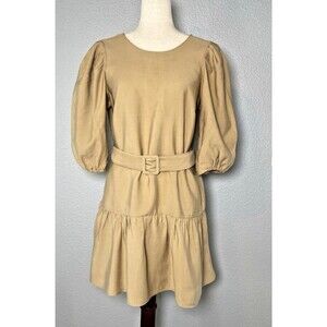 Zara khaki Fit & Flare balloon sleeve dress sz M structured flowy summer babydol